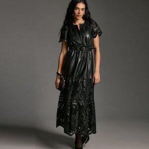 🖤 Anthropologie Somerset Maxi Dress – Faux Leather with Lace Cutouts – Size L